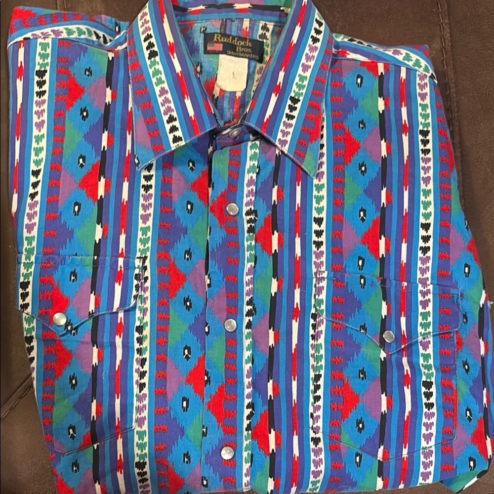 Vintage Ruddock Bros Vibrant Blue and Red Patterned Shirt with Geometric Designs